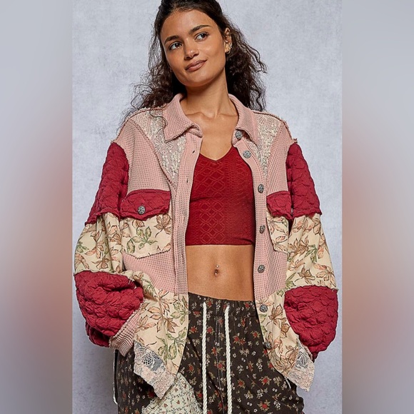 P59. NEW POL Quilted Lace Jacket Floral Pearls Balloon Sleeve Relaxed Fit Mauve - Picture 9 of 9